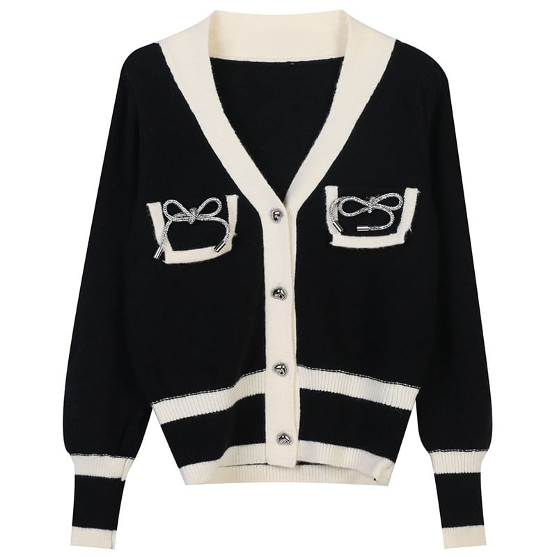 カーディガン レディース トップス 袖あり 長袖 Vネック バイカラー