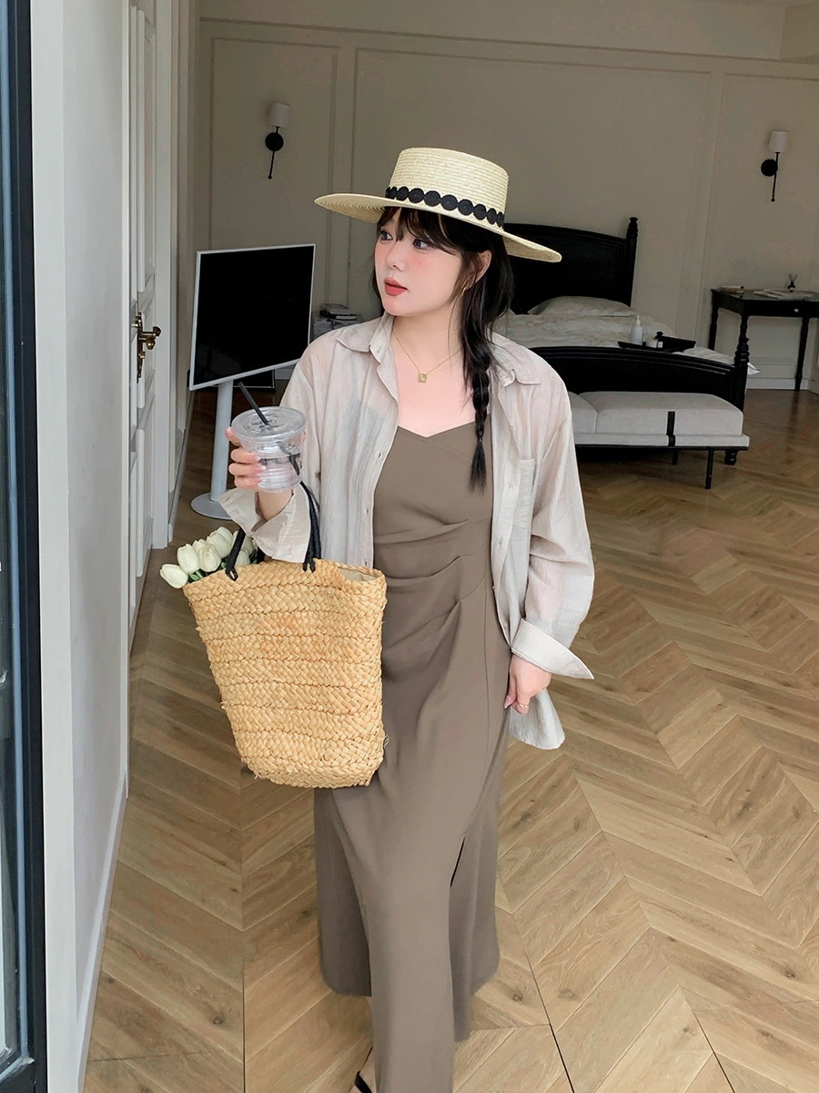 Hot!!!【ぽちゃまに】 夏新品 上下セット 大きいサイズ フランス風 シャツ＋キャミワンピース 体型カバー セットアップ メガ割