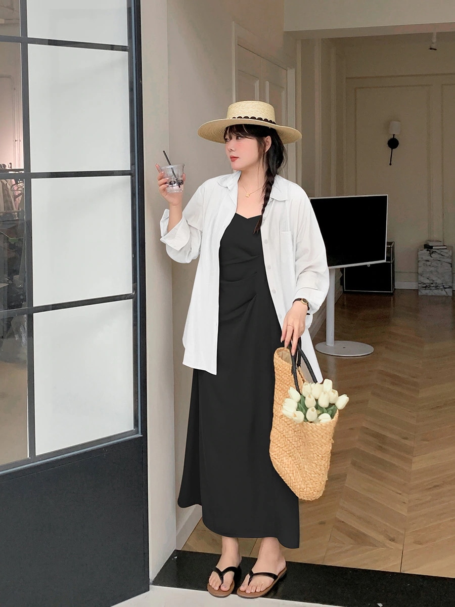 Hot!!!【ぽちゃまに】 夏新品 上下セット 大きいサイズ フランス風 シャツ＋キャミワンピース 体型カバー セットアップ メガ割