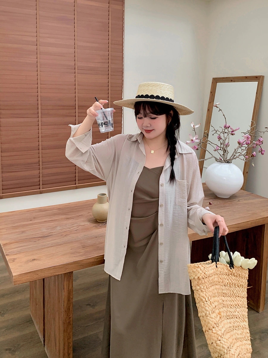 Hot!!!【ぽちゃまに】 夏新品 上下セット 大きいサイズ フランス風 シャツ＋キャミワンピース 体型カバー セットアップ メガ割