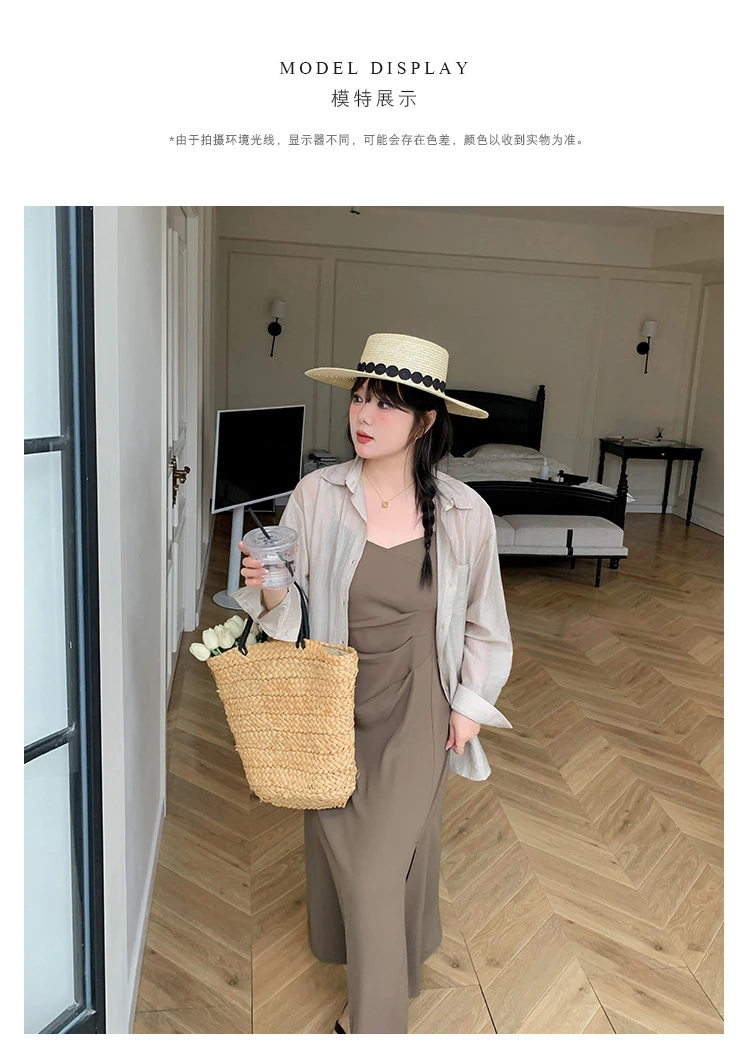 Hot!!!【ぽちゃまに】 夏新品 上下セット 大きいサイズ フランス風 シャツ＋キャミワンピース 体型カバー セットアップ メガ割