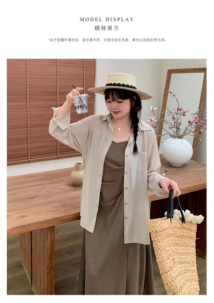 Hot!!!【ぽちゃまに】 夏新品 上下セット 大きいサイズ フランス風 シャツ＋キャミワンピース 体型カバー セットアップ メガ割