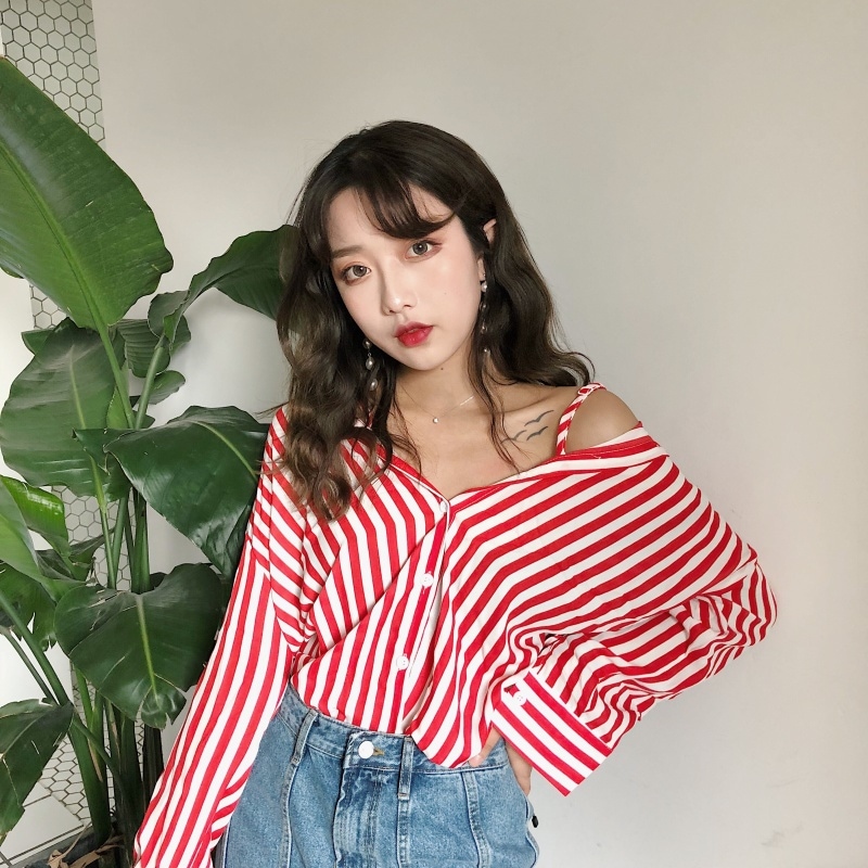 2276.オフショルダーストライプスキッパーシャツ(レッド) 2019 春夏 新作 大人 かわいい カジュアル OL 20代 30代 デート服 女子会 2276.オフショルダーストライプスキッパーシャツ(レッド) 2019 春夏 新作 大人 かわいい カジュアル OL 20代 30代 デート服 女子会