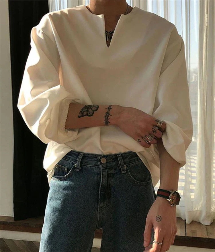 INSスタイル ハイエンド ハンサム スリム ゆったりする ネックなし 長袖 シャツ INSスタイル ハイエンド ハンサム スリム ゆったりする ネックなし 長袖 シャツ