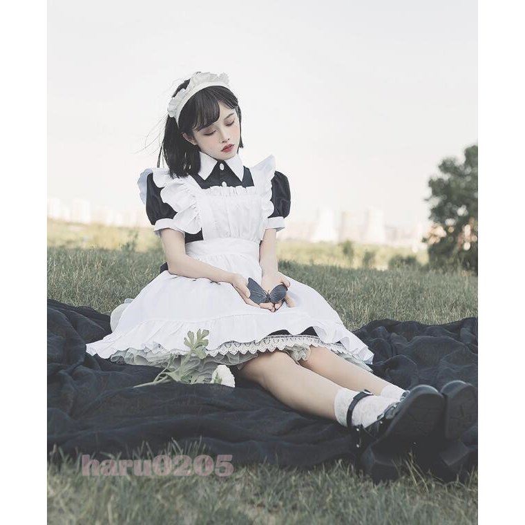 12メイド服 黒白 半袖 長袖 レディース コスプレ ワンピース 膝丈 エプロン クラシカル ロイヤルメイド ロリータ フリル クラシカル 制服 喫茶店変装 ハロウィン