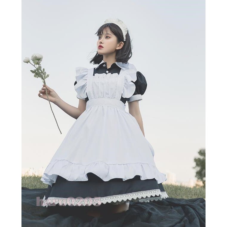 12メイド服 黒白 半袖 長袖 レディース コスプレ ワンピース 膝丈 エプロン クラシカル ロイヤルメイド ロリータ フリル クラシカル 制服 喫茶店変装 ハロウィン