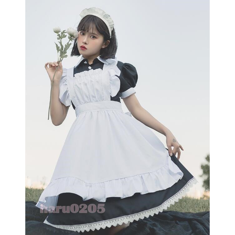 12メイド服 黒白 半袖 長袖 レディース コスプレ ワンピース 膝丈 エプロン クラシカル ロイヤルメイド ロリータ フリル クラシカル 制服 喫茶店変装 ハロウィン