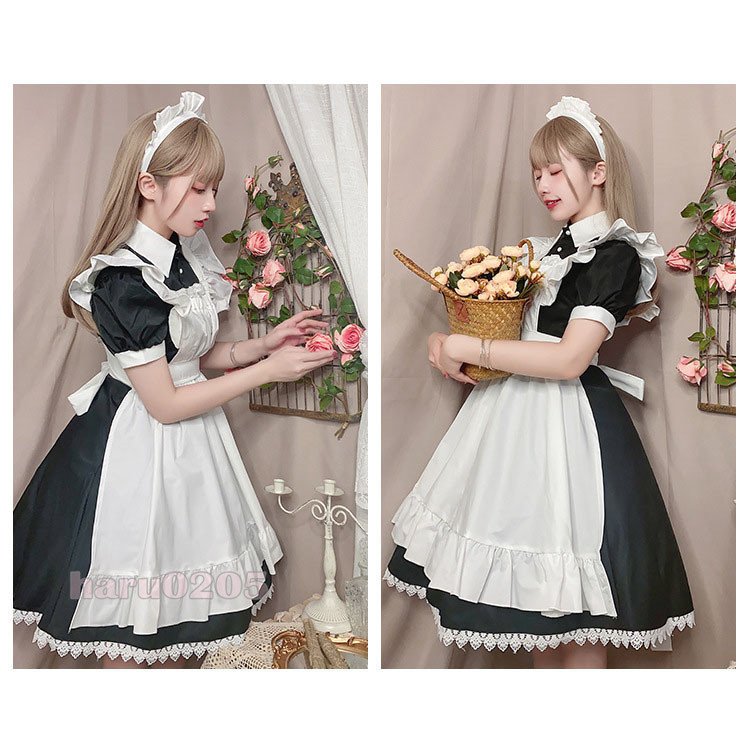 12メイド服 黒白 半袖 長袖 レディース コスプレ ワンピース 膝丈 エプロン クラシカル ロイヤルメイド ロリータ フリル クラシカル 制服 喫茶店変装 ハロウィン