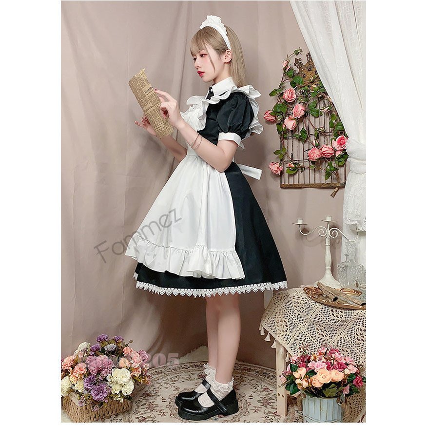 12メイド服 黒白 半袖 長袖 レディース コスプレ ワンピース 膝丈 エプロン クラシカル ロイヤルメイド ロリータ フリル クラシカル 制服 喫茶店変装 ハロウィン