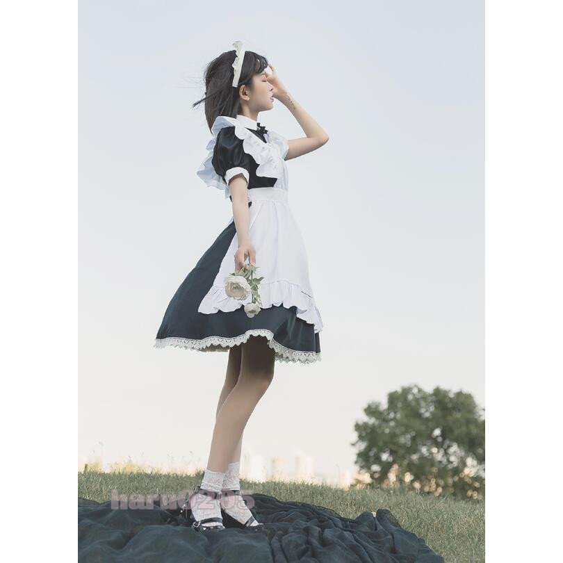 12メイド服 黒白 半袖 長袖 レディース コスプレ ワンピース 膝丈 エプロン クラシカル ロイヤルメイド ロリータ フリル クラシカル 制服 喫茶店変装 ハロウィン