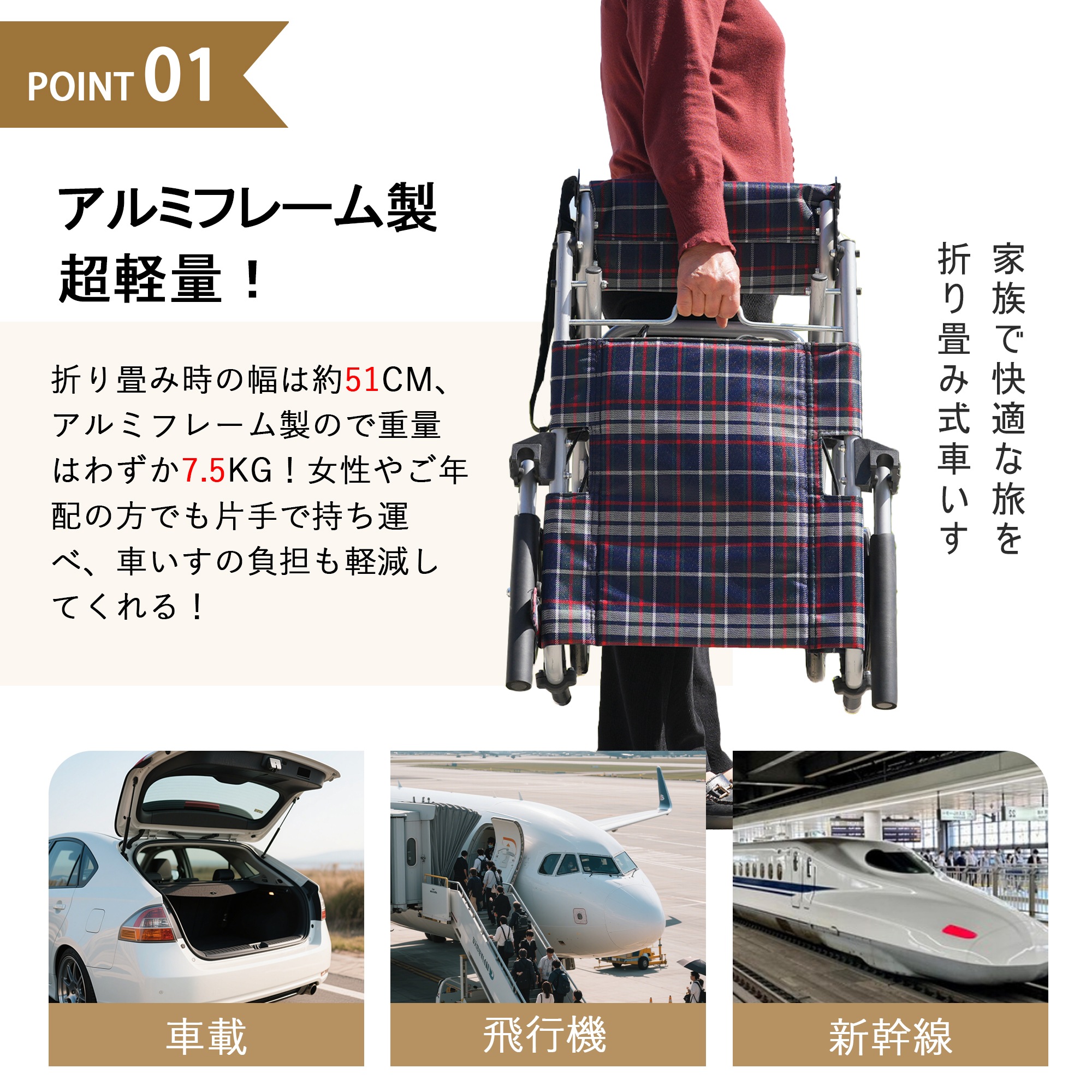 G59車椅子 折畳み 介助型 自立できる 軽量 コンパクト ノーパンクタイヤ 折りたたみ 収納可能 超軽量 コンパクト 安全ベルトつき 背面ポケット 外出用 旅行用 飛行機持ち込み可 介護 福祉用具