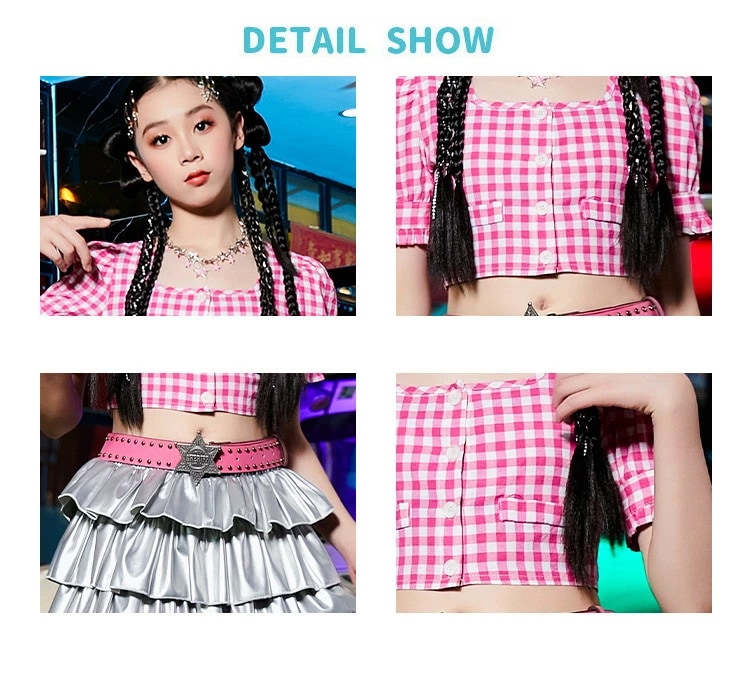 ギンガムチェック キッズ ダンス衣装 女の子 hiphop ピンク 半袖シャツ バルーン袖 へそ出し ボリューム感 シルバー 銀色 スカート ルーズソックス ガールズ ダンスウェア ステージ ジュニア ギンガムチェック キッズ ダンス衣装 女の子 hiphop ピンク 半袖シャツ バルーン袖 へそ出し ボリューム感 シルバー 銀色 スカート ルーズソックス ガールズ ダンスウェア ステージ ジュニア