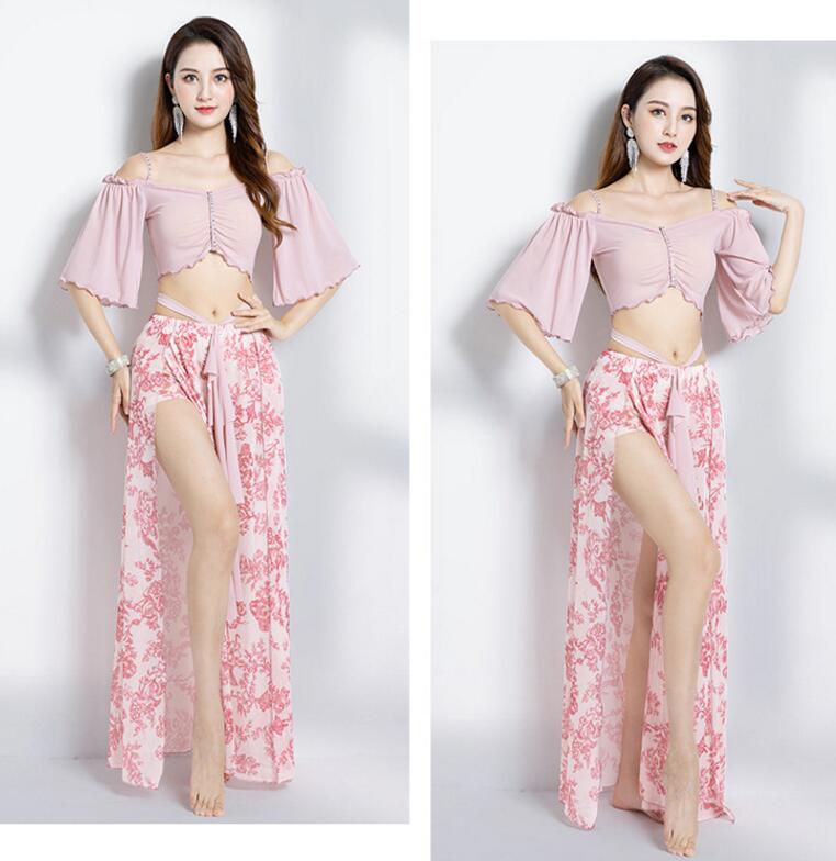 ベリーダンス 衣装 上下セット へそ出し フレア袖トップス ボートネック 花柄スカート ベリーダンス 衣装 上下セット へそ出し フレア袖トップス ボートネック 花柄スカート