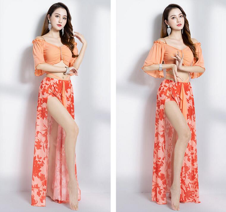 ベリーダンス 衣装 上下セット へそ出し フレア袖トップス ボートネック 花柄スカート ベリーダンス 衣装 上下セット へそ出し フレア袖トップス ボートネック 花柄スカート