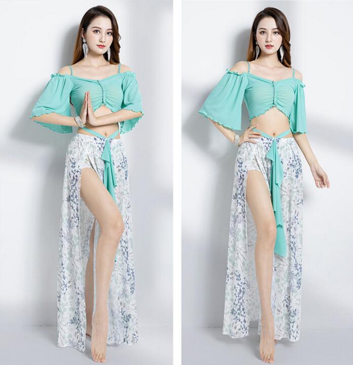 ベリーダンス 衣装 上下セット へそ出し フレア袖トップス ボートネック 花柄スカート ベリーダンス 衣装 上下セット へそ出し フレア袖トップス ボートネック 花柄スカート