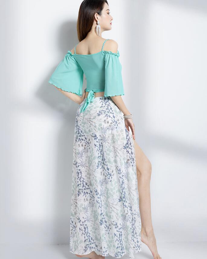 ベリーダンス 衣装 上下セット へそ出し フレア袖トップス ボートネック 花柄スカート ベリーダンス 衣装 上下セット へそ出し フレア袖トップス ボートネック 花柄スカート