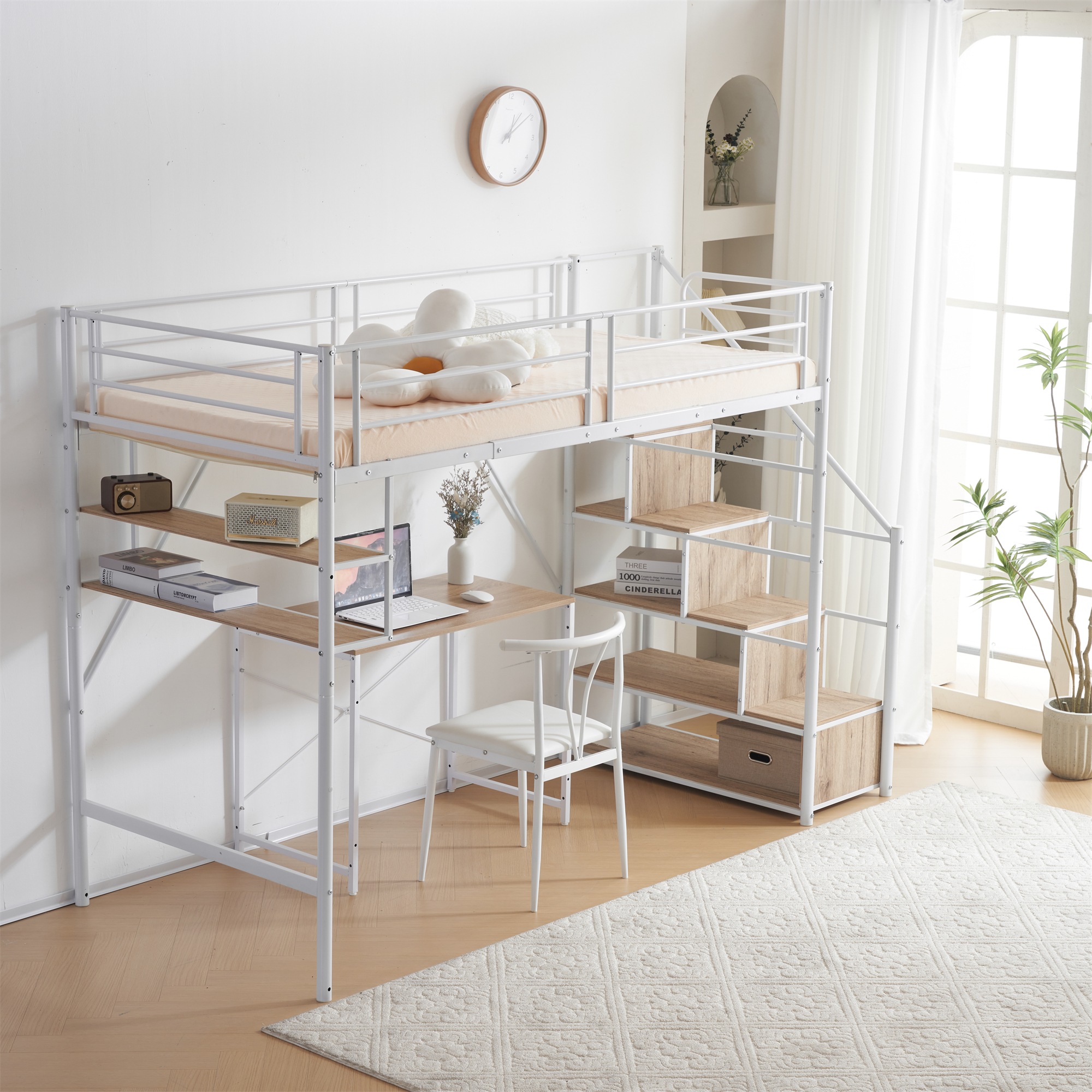 国内発送】新作 ホワイト ロフトベッド 片側手すり付き 収納付き