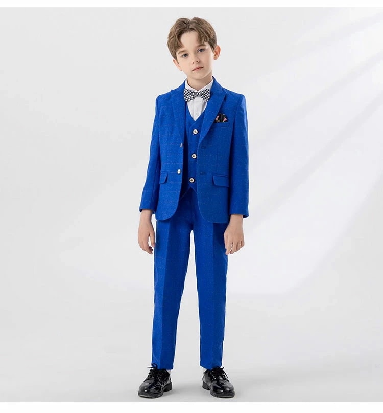 【急速出荷!】スーツ 男の子 セットアップ ジャケット ロングパンツ ベスト シャツ 蝶結び 子供スーツ キッズスーツ フォーマルスーツ おしゃれ チェック柄 ブルー 春秋 秋冬 卒園式 卒業式 入学