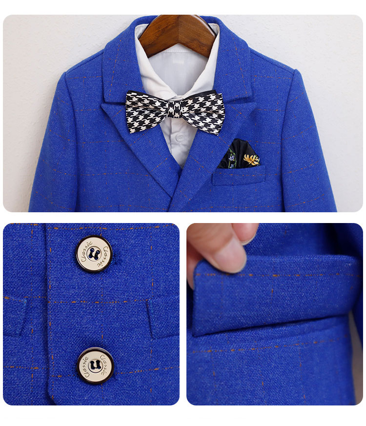 【急速出荷!】スーツ 男の子 セットアップ ジャケット ロングパンツ ベスト シャツ 蝶結び 子供スーツ キッズスーツ フォーマルスーツ おしゃれ チェック柄 ブルー 春秋 秋冬 卒園式 卒業式 入学