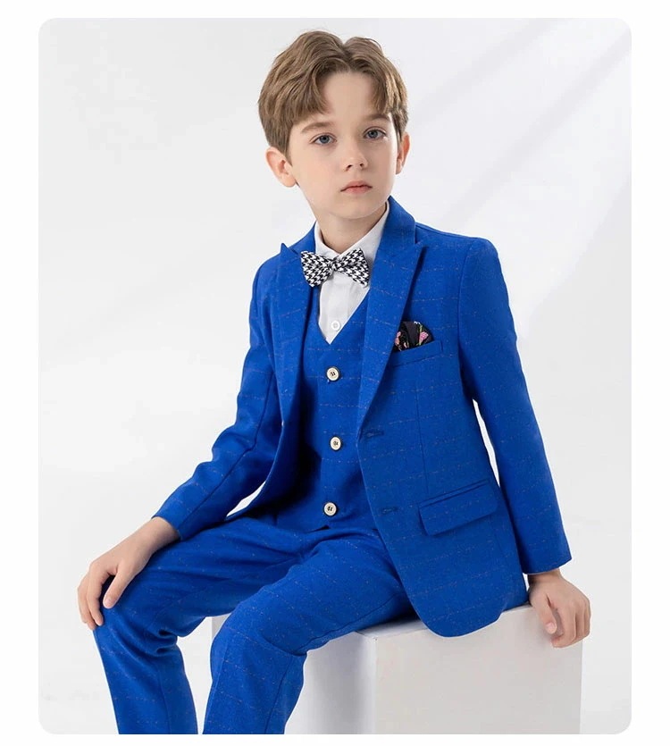 【急速出荷!】スーツ 男の子 セットアップ ジャケット ロングパンツ ベスト シャツ 蝶結び 子供スーツ キッズスーツ フォーマルスーツ おしゃれ チェック柄 ブルー 春秋 秋冬 卒園式 卒業式 入学