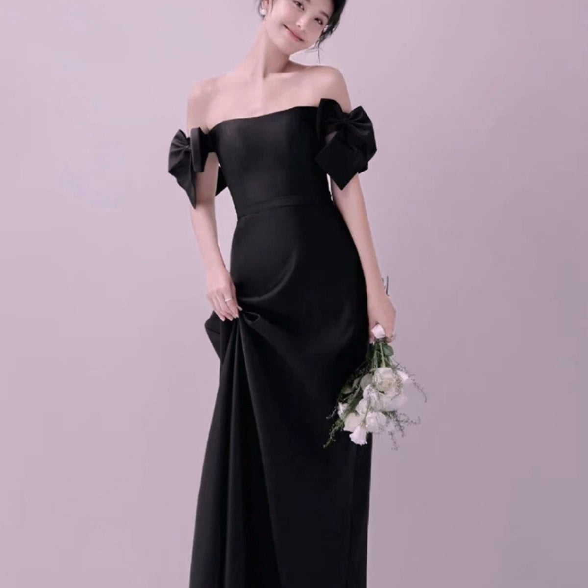ドレス 衣装 イブニングドレス ブラックドレス ロングドレス オフショルダー オフショル リボン セミフレア 光沢 ステージドレス 発表会 かわいい 大人可愛い きれいめ シンプル 上品 おしゃれ