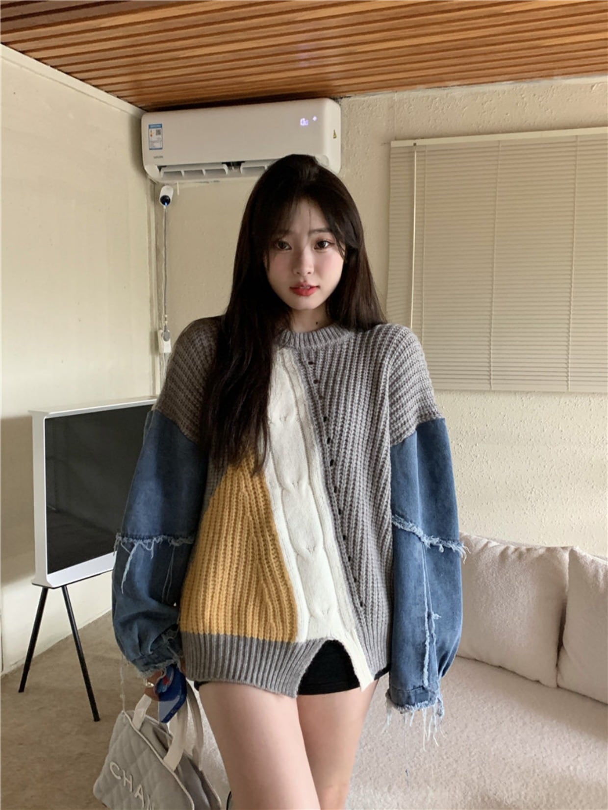 異素材ミックス セーター ニット グレー 灰色 ブラック 黒 デニム シャツ ジーンズ トップス