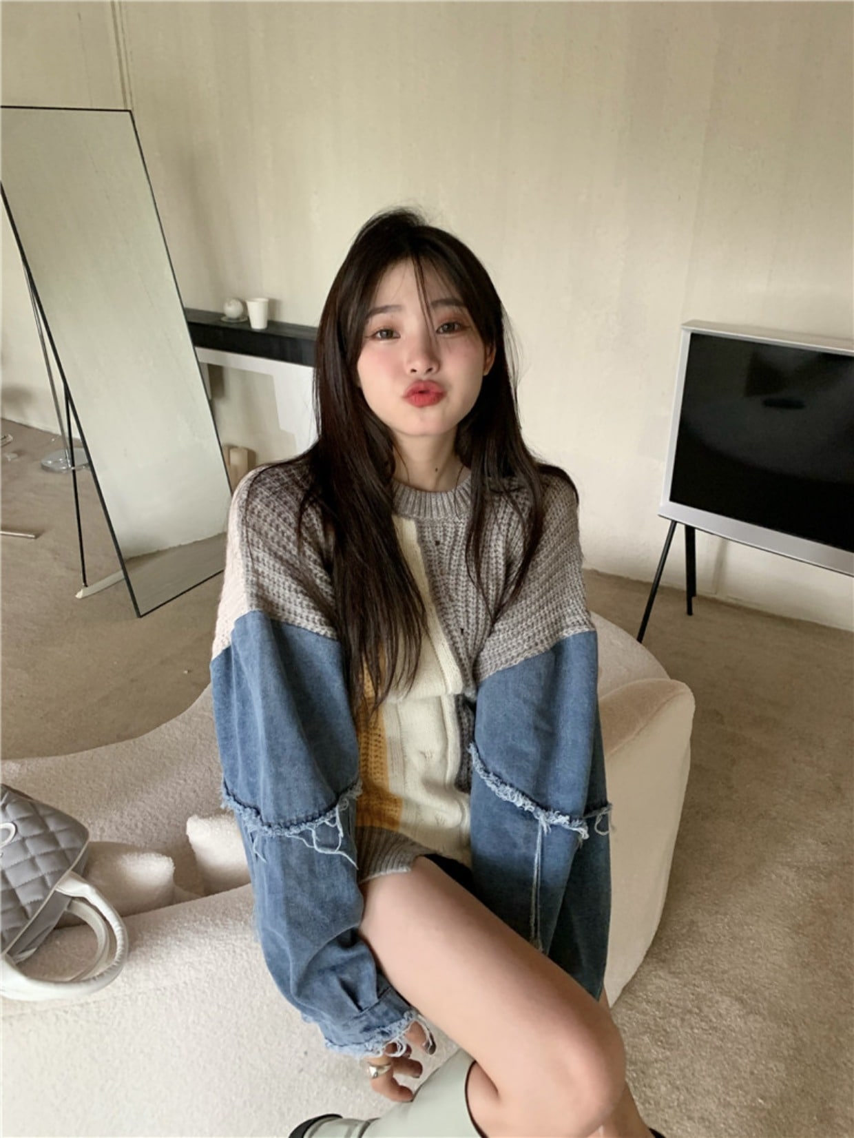 異素材ミックス セーター ニット グレー 灰色 ブラック 黒 デニム シャツ ジーンズ トップス