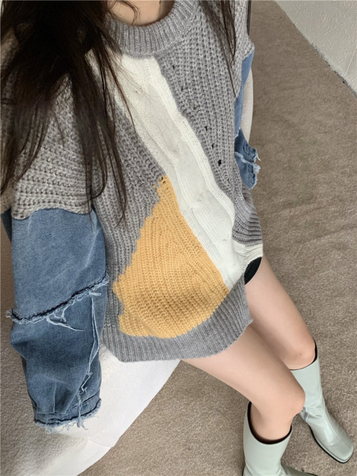 異素材ミックス セーター ニット グレー 灰色 ブラック 黒 デニム シャツ ジーンズ トップス