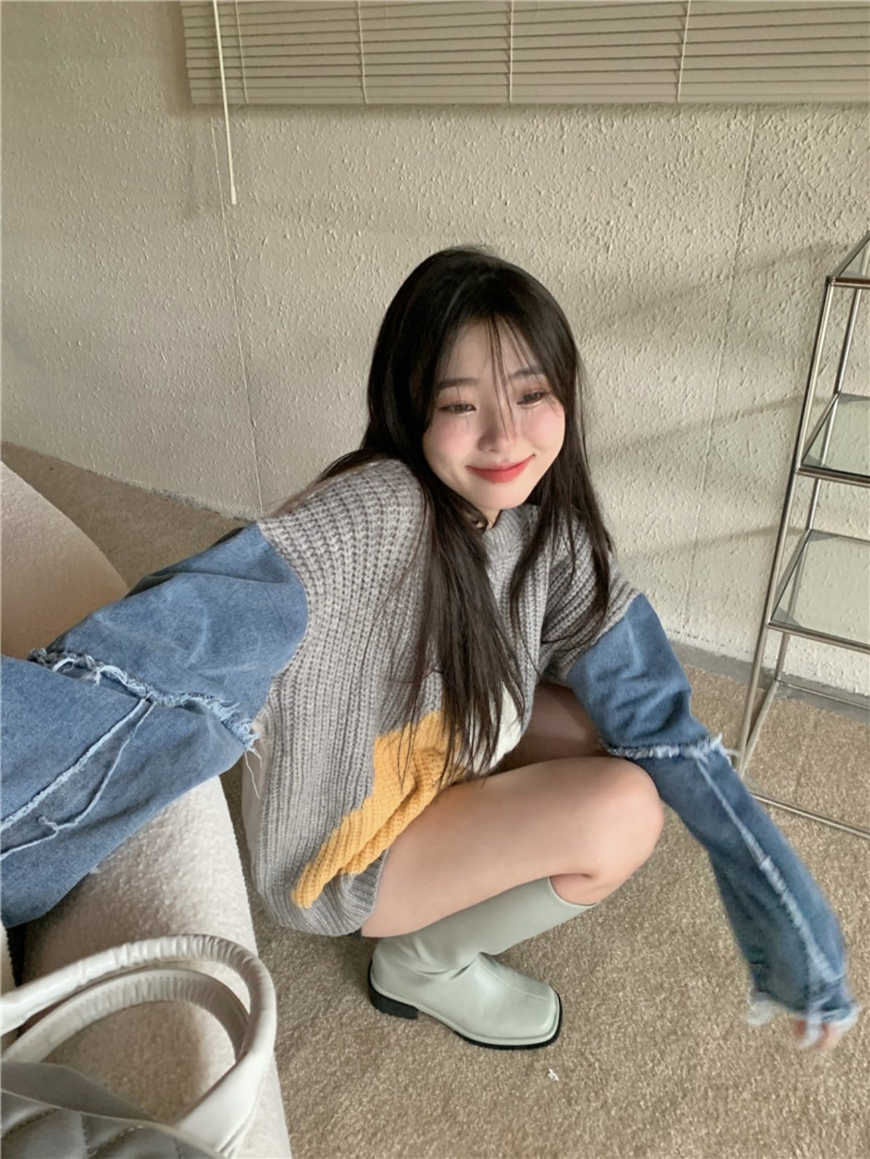 異素材ミックス セーター ニット グレー 灰色 ブラック 黒 デニム シャツ ジーンズ トップス