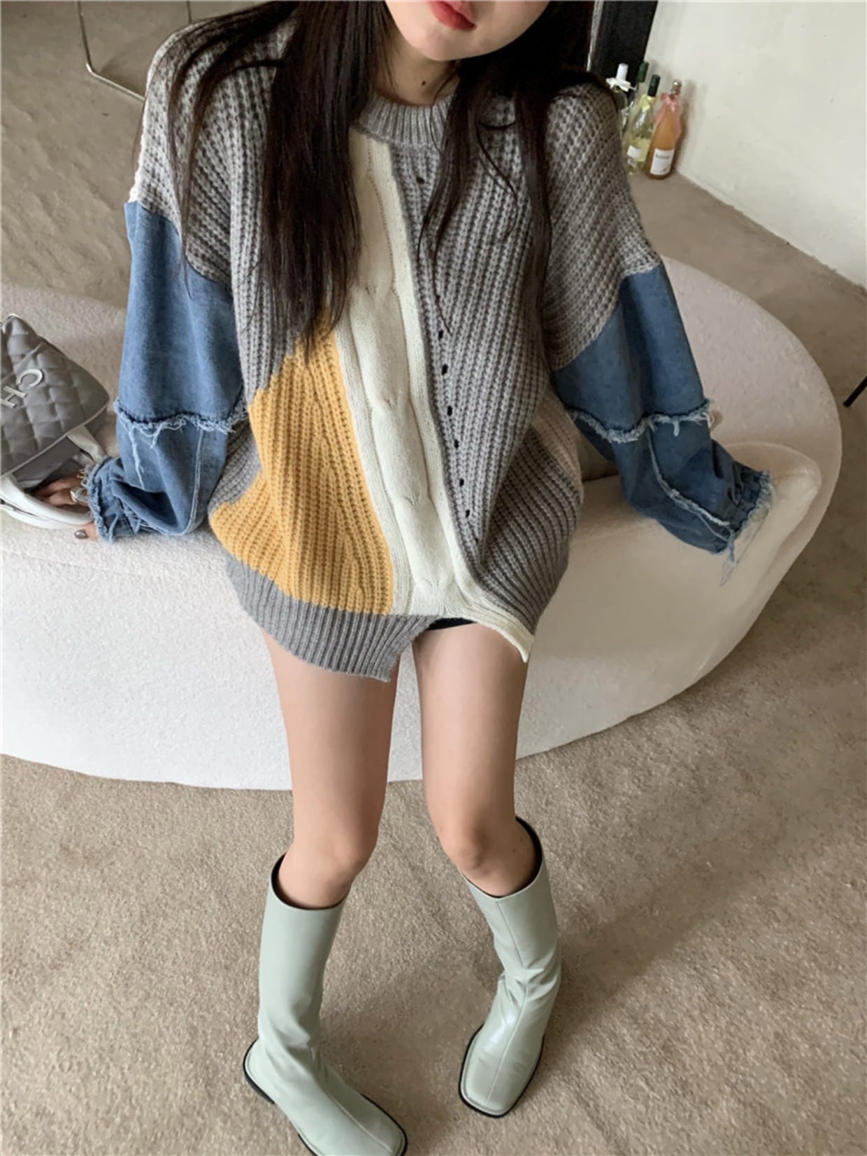 異素材ミックス セーター ニット グレー 灰色 ブラック 黒 デニム シャツ ジーンズ トップス