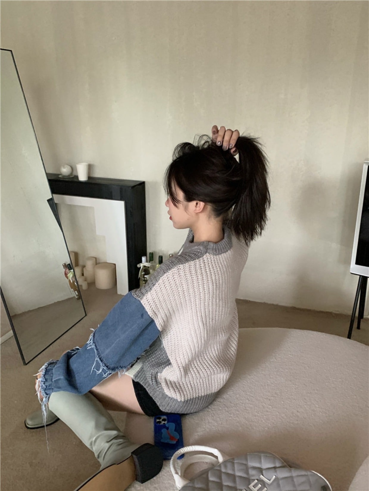 異素材ミックス セーター ニット グレー 灰色 ブラック 黒 デニム シャツ ジーンズ トップス