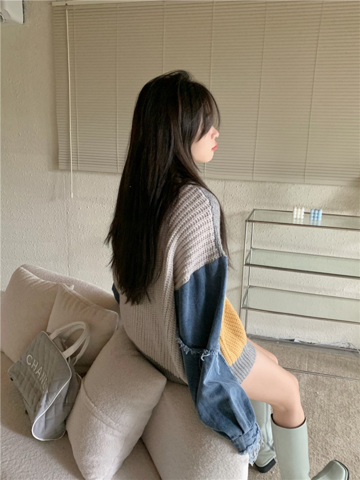 異素材ミックス セーター ニット グレー 灰色 ブラック 黒 デニム シャツ ジーンズ トップス