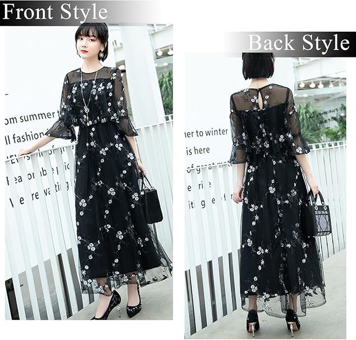 結婚式 ドレス ロング 個性的 Aライン レース 刺繍 ワンピース( ブラック, M) 結婚式 ドレス ロング 個性的 Aライン レース 刺繍 ワンピース( ブラック, M)