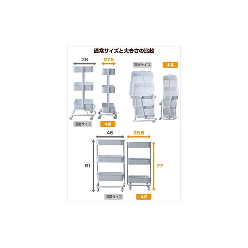 【即納】[山善] キッチンワゴン スリム 高さ調節可能 全体耐荷重30kg メッシュタイプ キャスター付き 幅27.5奥行39.5高さ77cm バスケットトローリー 組立品 ライトグレー LSBT