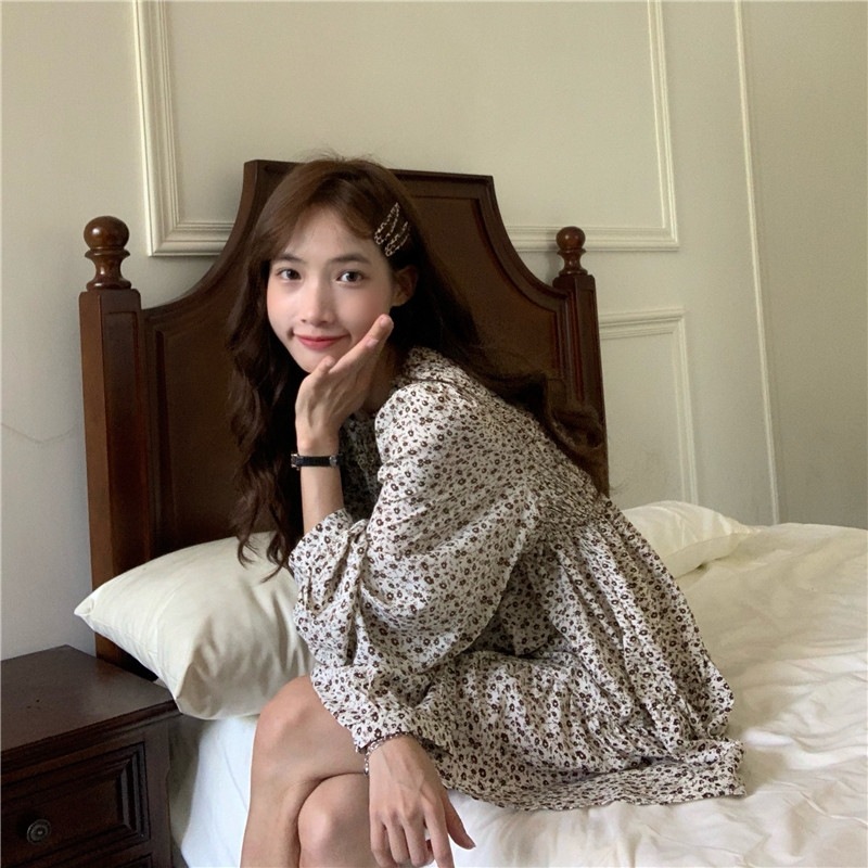 ワンピース ショート ショート丈 袖あり 長袖 ラウンドネック Aライン ハイウエスト レトロ 大人女子 こなれ感 柄 花柄 秋 個性的 ブラック ベージュ エレガント ガーリー フェミニン