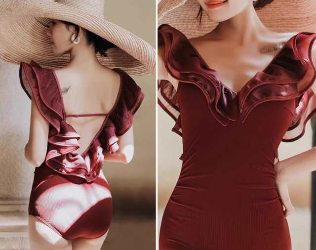 メガ割大きめフリルワンピース水着 フリル ベルト かわいい 大人可愛い シンプル カジュアル ナチュラル おしゃれ お洒落 無地 10代 代 30代 40代 レディース ママ 海 ビーチ プール リ5