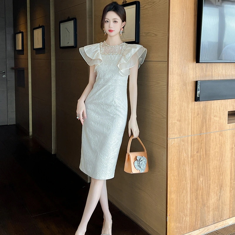 二次会 ウェディング 演奏会 結婚式 卒業式 披露宴 同窓会 大人 キャバ パーティー ドレス タイト ワンピース ダイヤモンド飾り フリル 2024夏新品