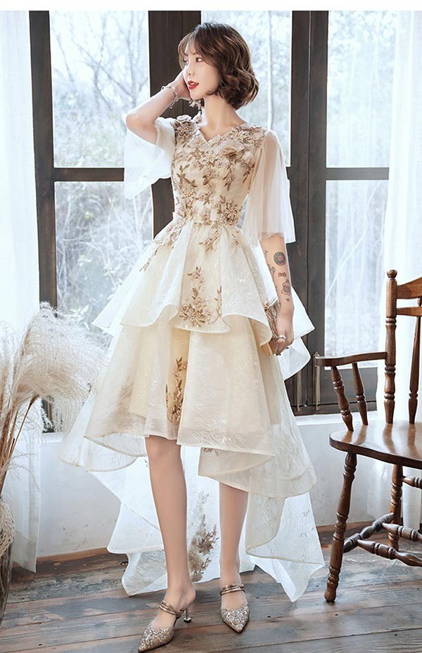 ドレス 大人 ピアノ 発表会 パーティードレス フィッシュテール 五分袖 パフスリーブ 刺〓 フォーマルワンピース 体型カバー 母親 結婚式 成人式 同窓会 演奏会 送料無料パーティードレス フィッシュテール アシンメトリー ドレス