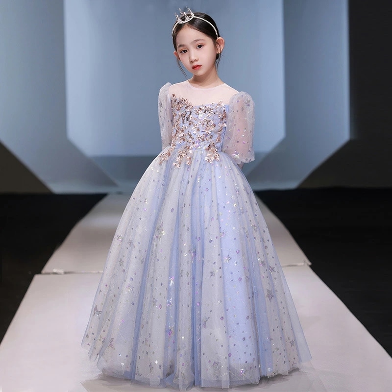 全3色 子供ドレス ピアノ発表会ドレス パープル ブルー シャンパン色 ロングドレス 演奏会ドレス 女の子 スパンコール キラキラ 女児ドレス 星柄 可愛い キッズドレス ピアノ発表会 演奏会 フォー