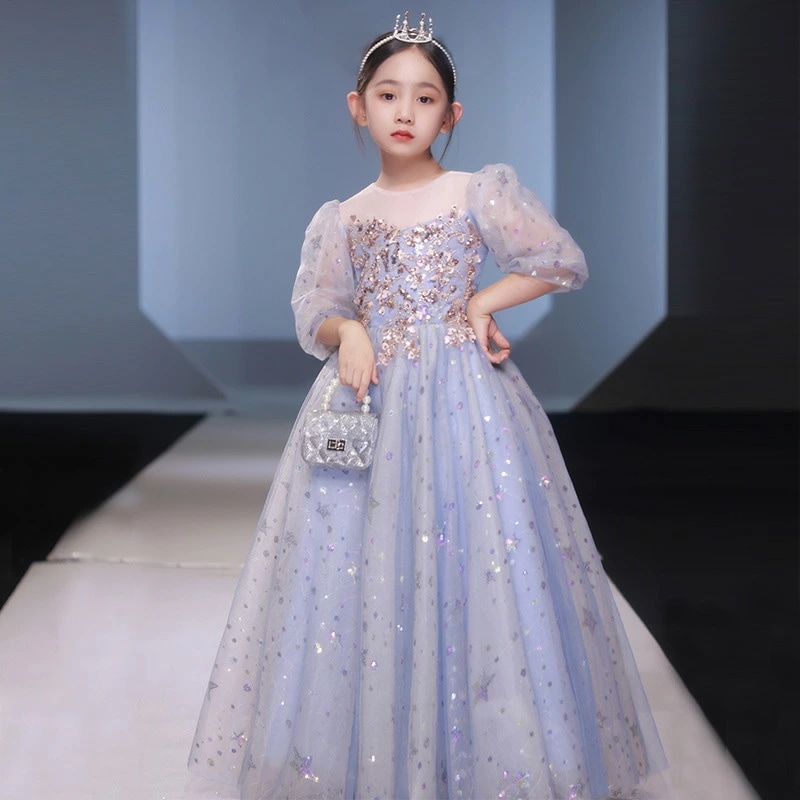 全3色 子供ドレス ピアノ発表会ドレス パープル ブルー シャンパン色 ロングドレス 演奏会ドレス 女の子 スパンコール キラキラ 女児ドレス 星柄 可愛い キッズドレス ピアノ発表会 演奏会 フォー