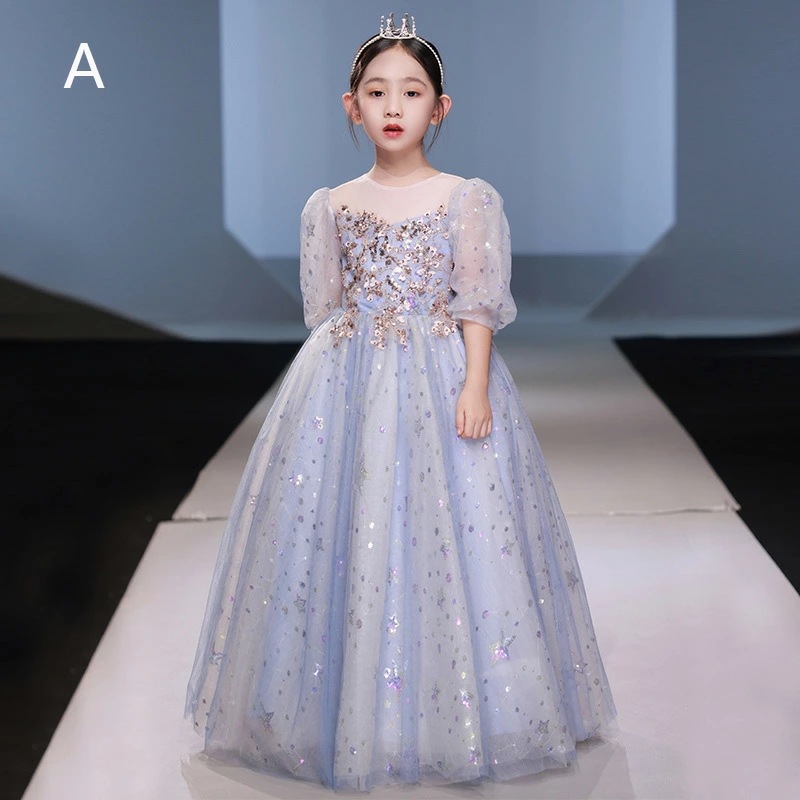 全3色 子供ドレス ピアノ発表会ドレス パープル ブルー シャンパン色 ロングドレス 演奏会ドレス 女の子 スパンコール キラキラ 女児ドレス 星柄 可愛い キッズドレス ピアノ発表会 演奏会 フォー