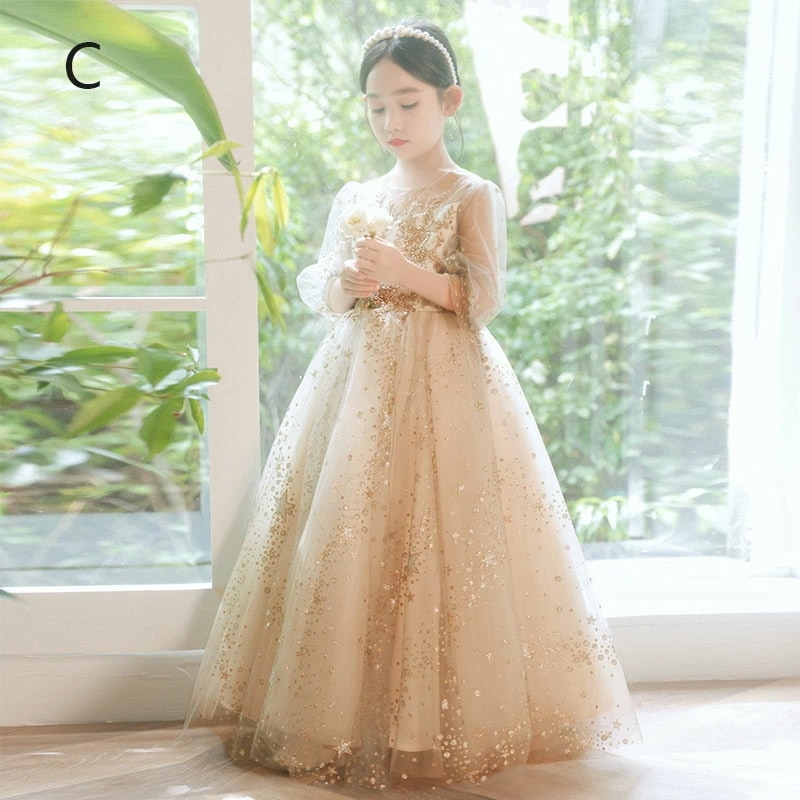 全3色 子供ドレス ピアノ発表会ドレス パープル ブルー シャンパン色 ロングドレス 演奏会ドレス 女の子 スパンコール キラキラ 女児ドレス 星柄 可愛い キッズドレス ピアノ発表会 演奏会 フォー