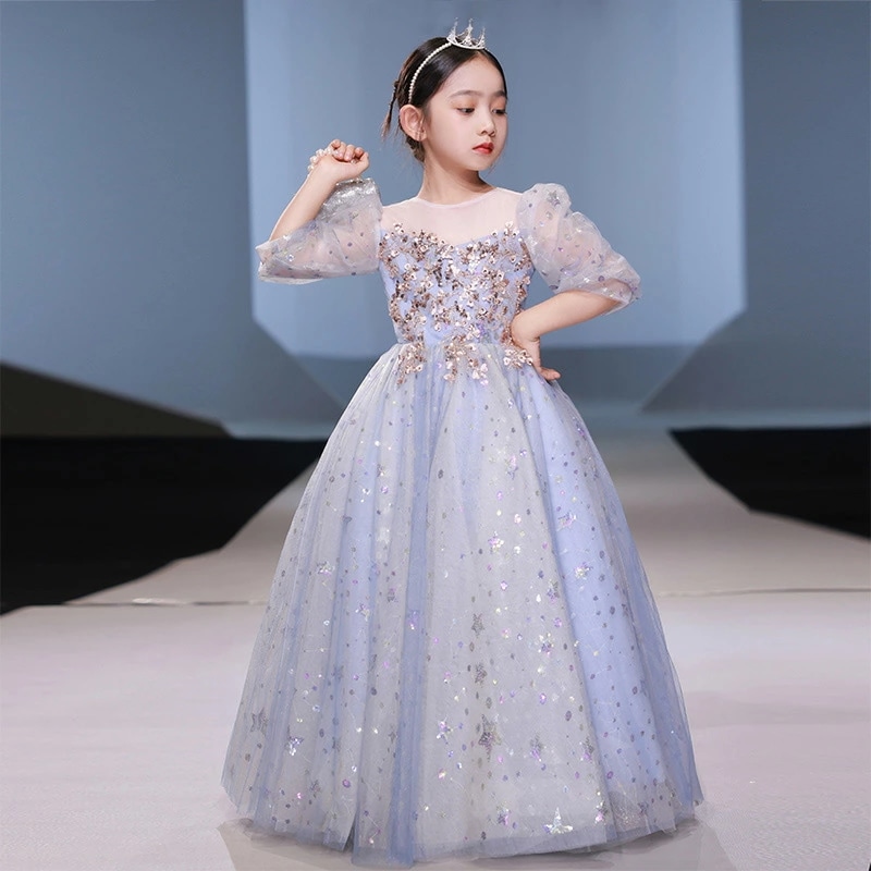 全3色 子供ドレス ピアノ発表会ドレス パープル ブルー シャンパン色 ロングドレス 演奏会ドレス 女の子 スパンコール キラキラ 女児ドレス 星柄 可愛い キッズドレス ピアノ発表会 演奏会 フォー