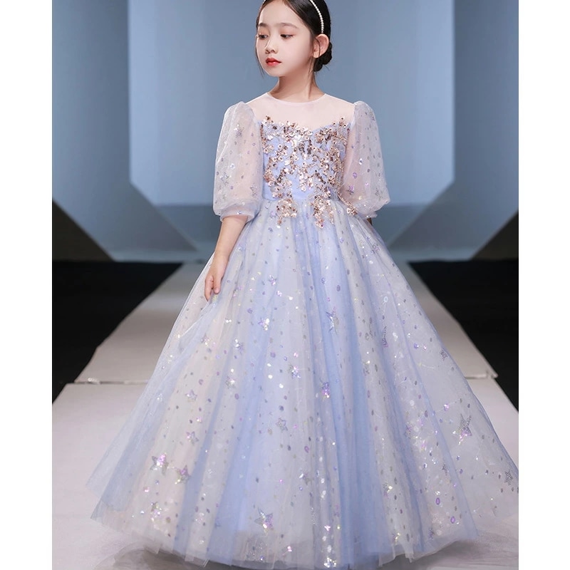 全3色 子供ドレス ピアノ発表会ドレス パープル ブルー シャンパン色 ロングドレス 演奏会ドレス 女の子 スパンコール キラキラ 女児ドレス 星柄 可愛い キッズドレス ピアノ発表会 演奏会 フォー