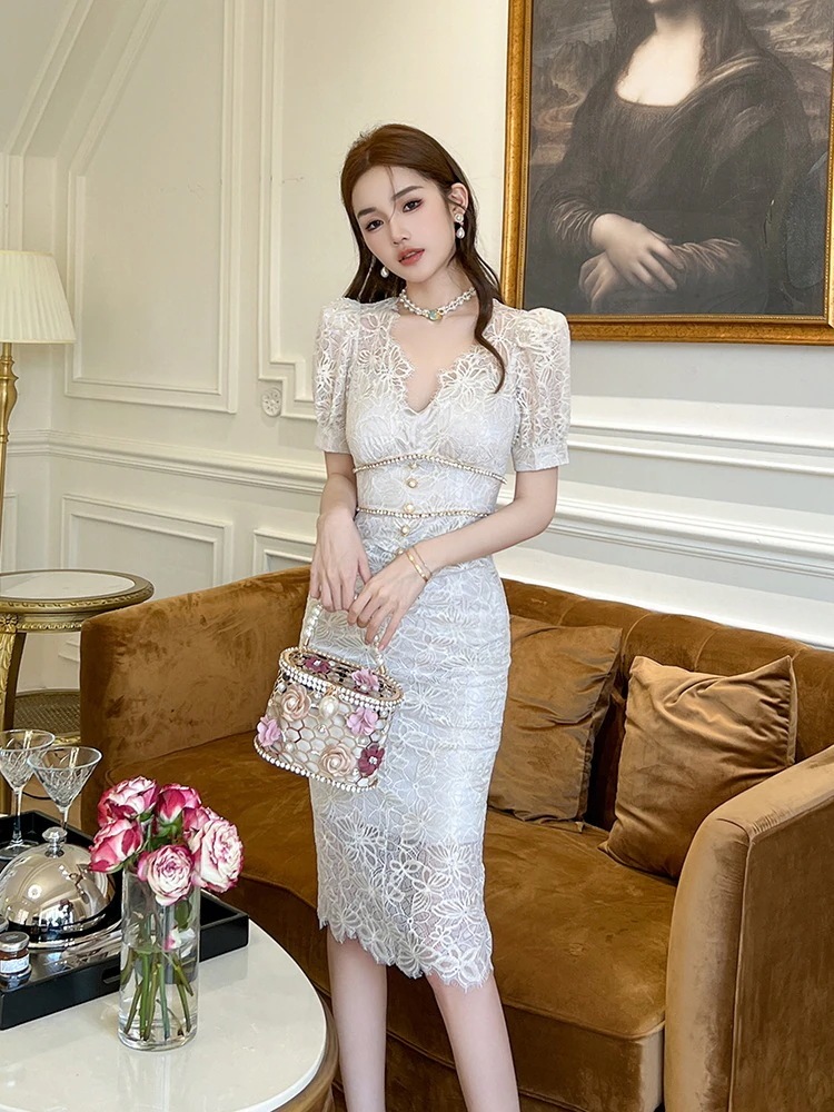 【JY.上品】 夏 レースワンピース Vネック ドレス パーティー キャバ 着痩せ 大人 お呼ばれ 同窓会 披露宴 卒業式 結婚式 ウェディング 二次会 成人式