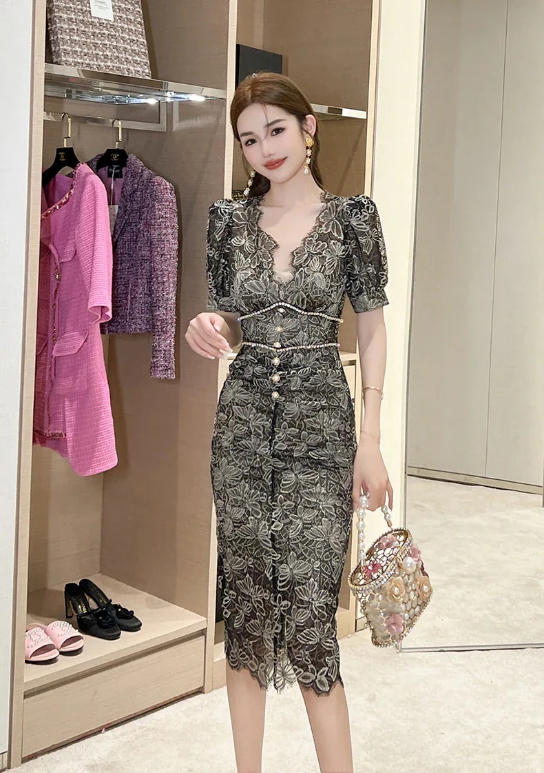 【JY.上品】 夏 レースワンピース Vネック ドレス パーティー キャバ 着痩せ 大人 お呼ばれ 同窓会 披露宴 卒業式 結婚式 ウェディング 二次会 成人式