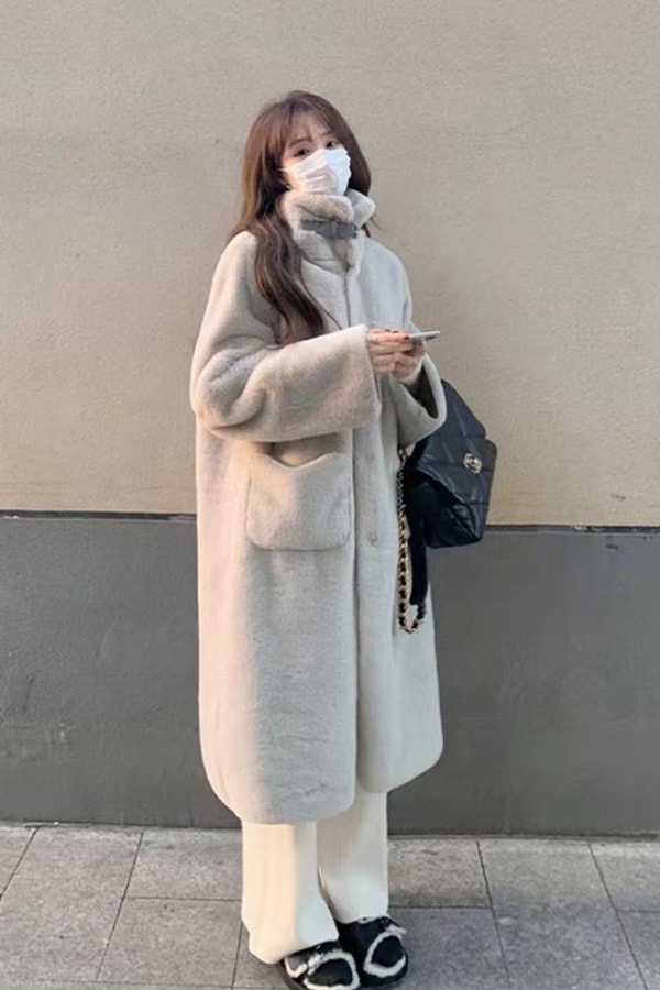 韓国ファッション ミンクの毛を模造する ゆとりがある 毛皮 ニーコート ウールのオーバー モコモコしててかわいい 可爱 20代