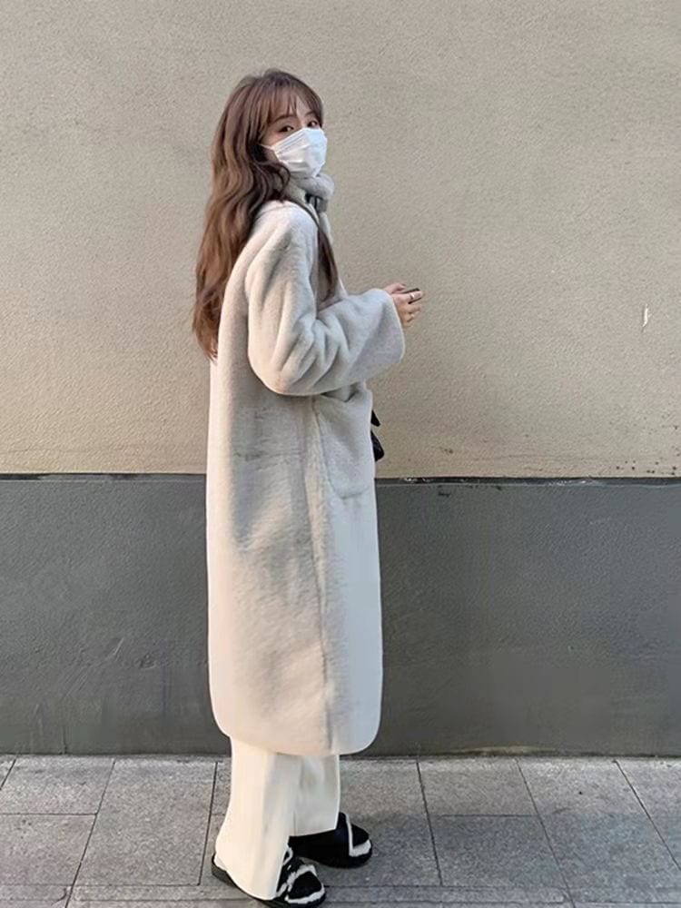 韓国ファッション ミンクの毛を模造する ゆとりがある 毛皮 ニーコート ウールのオーバー モコモコしててかわいい 可爱 20代