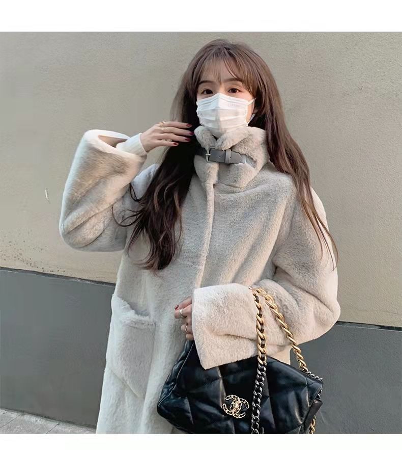韓国ファッション ミンクの毛を模造する ゆとりがある 毛皮 ニーコート ウールのオーバー モコモコしててかわいい 可爱 20代