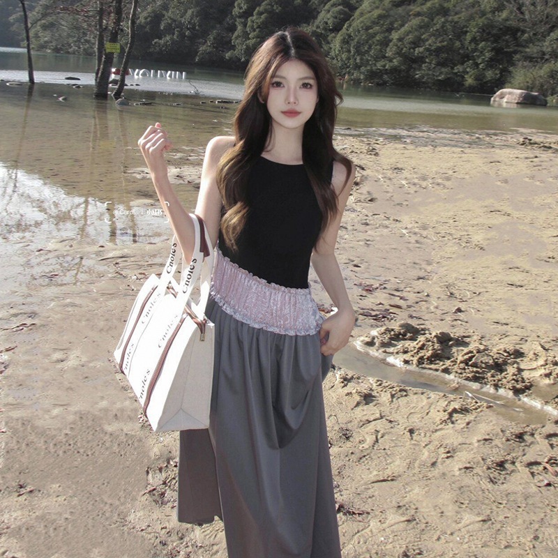 撞色継ぎ手ワンピース女 2025春夏新小人数デザイン感袖なしスリムA字ロングスカート 撞色継ぎ手ワンピース女 2025春夏新小人数デザイン感袖なしスリムA字ロングスカート